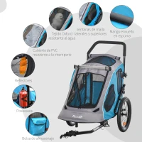 PawHut Cochecito para Perros Carro para Mascotas Plegable 2 en 1 con Manillar Rueda Delantera Giratoria 360° Enganche Retráctil Tela Oxford Carga 30 kg 140x71x105 cm Azul Gris(m-9)