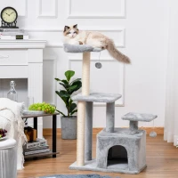 PawHut Árbol Rascador para Gatos Altura 114 cm con Postes de Sisal 3 Plataformas Casita y 2 Bolas Colgantes Gris Claro(m-2)