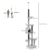 PawHut Kratzbaum mit Deckenspanner, Hängematte, Haus, Plattformen, Spielball, 225-255cm, Grau(m-3)