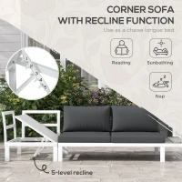 Outsunny 4 Pieces Garden Furniture Set, 5-Level Reclining Garden Corner Sofa Set, Outdoor Lounge Conversation Sectional with Cushions, Wood Effect Plastic Table, White Frame & Grey Cushion(m-6)