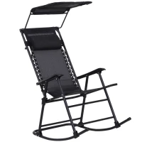 Outsunny Fauteuil à Bascule Rocking Chair Pliable de Jardin dim. 105L x 64l x 125H cm tétière + Pare-Soleil Inclus Acier époxy textilène Noir(m-9)