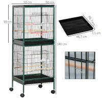 PawHut Grande Cage à Oiseaux sur pied double avec mangeoires perchoirs plateau amovible roulettes - Dim. 51,5L x 50l x 140H cm(m-3)
