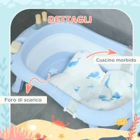 ZONEKIZ Vaschetta Bagnetto Pieghevole Bambini 0-6 Anni con Cuscino e 2 Ripiani, 83x48x23.5 cm, Blu e Bianco(m-7)