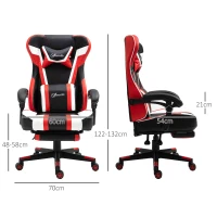 Vinsetto Fauteuil de bureau gaming massant - pivotant, inclinable, réglable - coussin lombaire, tétière, repose-pieds inclus - PVC rouge blanc noir(m-3)