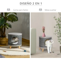 PawHut Cueva para Gatos de Ratán Ø36x40,5 cm Cesta para Gatos Rolliza con Cojín Lavable Plataforma y Patas de Madera de Pino Extraíble Gris(m-4)