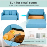 HOMCOM 2 Seater Sofa Bed with Hidden Storage, Pull Out Convertible Bed Settee, Modern Linen Loveseat Sofa Sleeper with 2 Cushions for Living Room, Guest Room, Blue(m-6)