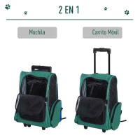 PawHut Transportín 2 en 1 para Mascotas Mochila o Carrito de Viaje para Perro y Gato con 2 Ruedas con Asa retráctil de Aluminio y Bolsillos 42x25x55 cm Verde(m-4)
