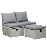Outsunny Ensemble salon de jardin 3 places 3 pièces - canapé 2 places, pouf, coffre rangement - 4 coussins inclus - résine tressée imitation rotin gris(m-11)