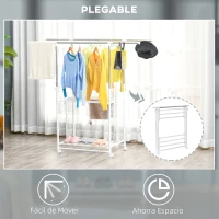 HOMCOM Perchero Plegable para Ropa con Ruedas Barras para Colgar Extensibles Altura Ajustable y 2 Estantes Tendedero de Ropa Tipo Torre 88-157x50x95-160 cm Blanco(m-5)