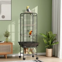 PawHut Jaula para Loros con Ruedas Perchas Comederos Estante y Bandeja Extraíble 62,5x62,5x146 cm Gris Oscuro(m-2)