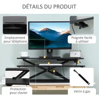Vinsetto Convertisseur bureau assis debout poste de travail réglable en hauteur - support ordinateur avec plateau clavier noir(m-7)