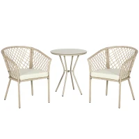 Outsunny Set da Giardino in Rattan con 2 Poltroncine con Cuscini e Tavolino da Caffè in Vetro, Khaki(m-1)