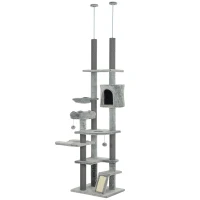 PawHut Árbol para Gatos de Suelo a Techo de 225-255 cm con Altura Ajustable Plataformas Cueva Cama Hamaca Rampa Bolas Gris(m-11)