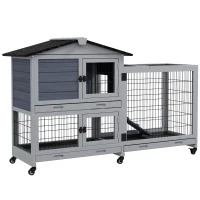 PawHut Portable Rabbit Cage, Rabbit Hutch with Run, Wheels, Three Slide-Out Trays, Ramp, Openable Top for Outdoor Indoor - Grey(m-11)