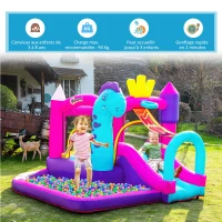 Outsunny Château Gonflable avec Toboggan, Trampoline, Aire de Jeux Piscine et Panier Jusqu'à 3 Enfants +3 Ans gonfleur et Sac de Transport Souffleur 350W inclus dim. 300L x 270l x 200H cm Multicolore(m-5)