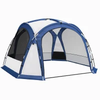 Cort de Camping Outsunny pentru 6-8 persoane cu 4 Usi cu fermoar, 350x350x230cm, Alb si Albastru(m-1)