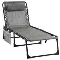 Outsunny Portable Sun Lounger, Folding Camping Bed Cot, Reclining Lounge Chair 5-position Adjustable Backrest with Side Pocket, Pillow for Patio Garden Beach Pool, Mixed Grey(m-11)