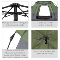 Outsunny Tente pop up tente de camping 3-4 pers. tente dôme étanche légère ventilée facile à monter 2 grandes portes dim. 2,6L x 2,6l x 1,5H m fibre verre polyester oxford vert gris(m-5)