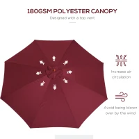 Outsunny 3(m) Garden Parasol, Pulley Operated Patio Umbrella, Wooden Table Market Umbrella with Rope Pulley Mechanism and 8 Ribs, Wine Red(m-5)