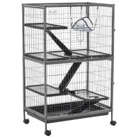 PawHut Kleintierkäfig mit Hängematten Nagervoliere mit Rollen 4 stöckig Käfig XXL geeignet für Hamster Kleintiere Meerschweinchen Metall Kunststoff Silber+Grau 80 x 52 x128 cm(m-1)