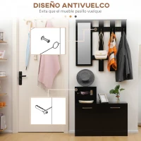 HOMCOM Recibidor con Espejo Perchero y Zapatero Muebles de Entrada con 6 Ganchos y Estantes para 8 Pares de Zapatos Negro(m-7)