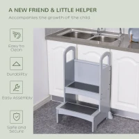 HOMCOM Kids Wooden Step Stool Kitchen Helper w/ Non-Slip Panels Handles Child Toddler Home Help 3 - 8 Yrs Grey(m-4)