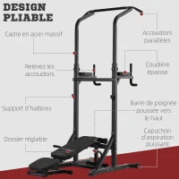 HOMCOM Station de musculation Fitness entrainement complet - barre de traction, à dips, banc de musculation pliable, poignées push-up  - acier noir(m-7)