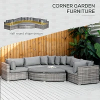 Outsunny 6 Pieces Outdoor PE Rattan Wicker Sofa Set with 10cm Thick Padded Cushionsand Half Round Patio Conversation Furniture Set with Angled Corner Designand Ottomansand and Back Pillows, Grey(m-7)