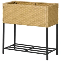 Outsunny Hochbeet, Blumenkasten, tiefe Ablage, Metallrahmen/Polyrattan, 70 x 30 x 72 cm, Sandfarben(m-1)