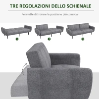 HOMCOM Divano Letto 3 Posti con Schienale Reclinabile a 3 Livelli in Tessuto, 208x84x82cm, Grigio(m-5)