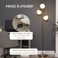 HOMCOM Lampadaire sur pied salon en métal avec 3 abat-jours globe blanc verre dépoli 40W Ø 27 x 169H cm doré(m-5)