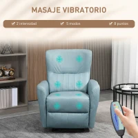 HOMCOM Sillón de Masaje Relax con Reclinación Manual 155° 8 Zonas de Masaje Mando a Distancia Tapizado en Tejido Técnico Reposapiés y 2 Bolsillos Laterales 79x101x96 cm Azul(m-4)