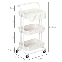 HOMCOM Carrito Auxiliar con Ruedas Carro de Almacenaje Multifuncional con Ganchos y Cajas Colgantes 42x38x86,5 cm Blanco(m-3)