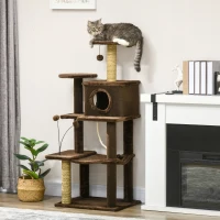 PawHut 136cm Cat Tree for Indoor Cats, Modern Cat Tower with Scratching Posts, house, Platforms, Toy Ball - Brown(m-2)