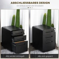 Vinsetto Rollcontainer mit 3 Schubladen mobiler Aktenschrank mit Rollen abschließbar Büroschrank mit Hängeregistratur Stiftfach, Bürocontainer Schreibtisch Unterschrank für Büro 39x48x59cm Schwarz(m-4)