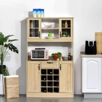HOMCOM Mobile Cucina con Cassetto, 4 Armadietti, Mensole e Portabottiglie, Credenza Alta in Legno, Rovere, 106x48x180cm(m-2)