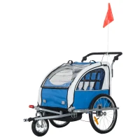 HOMCOM 2 Seat Bike Trailer with 5 Point Harness, Baby Bike Stroller with Safety Flag, Reflectors, for 18+ Months, Blue(m-11)