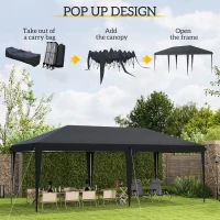 Outsunny Pop Up Gazebo 3 x 6m, Foldable Canopy Tent, Height Adjustable Wedding Awning Canopy w/ Carrying Bag, Black(m-4)