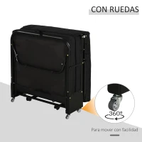 HOMCOM Cama Abatible 184x65 cm con Cabecera Ajustable Ruedas Universales y Estructura de Metal Carga Máx. 120 kg Negro(m-4)