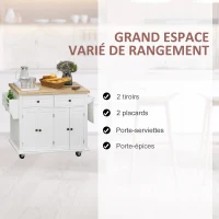 HOMCOM Desserte ilôt de cuisine multi rangements 2 tiroirs 2 placard 2 portes avec étagère range-bouteille porte-torchons et étagère réglable MDF blanc hévéa(m-5)