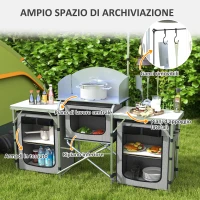 Outsunny Cucina da Campeggio Pieghevole a 3 Piani con 5 Ripiani Interni e 4 Ganci, 172x48x119 cm, Grigio e Argento(m-4)