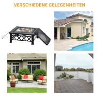 Outsunny 3-in-1 Feuerschale Feuerkorb Feuerstelle mit Funkenschutz Grillrost Eiskübel Garten BBQ Schwarz 76cm x 76cm x 47cm(m-7)