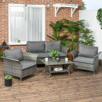 Outsunny Set da Giardino 4 Pezzi in Rattan e Acciaio con Tavolino da Caffè a 2 Livelli, Divano e 2 Sedie(m-2)