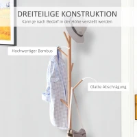HOMCOM Garderobenständer Kleiderhaken Garderobe mit Sitzbank Stauraum Baum-Design Zweige 6 Haken Bambus Weiß Natur 40 x 30 x 180 cm(m-6)