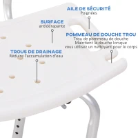 HOMCOM Chaise de Douche siège de Douche Ergonomique Hauteur réglable Pieds antidérapants Charge Max. 136 Kg alu HDPE Blanc(m-4)