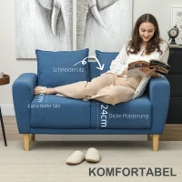 HOMCOM Zweisitzer-Sofa, moderne Stoffcouch, 2 Rückenkissen, Eukalyptus-Holzrahmen, 133 x 73 x 81 cm, Blau(m-4)