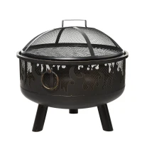 Outsunny 2-in-1 Feuerschale Feuerkorb Feuerstelle mit Funkenschutz Grillrost Garten BBQ Schwarz Ø61,5 x 52H cm(m-1)