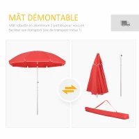 Outsunny Parasol de plage parasol inclinable octogonal Ø 180 cm tissu polyester haute densité anti-UV hauteur réglable mât aluminium sac de transport inclus rouge(m-5)