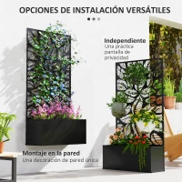 Outsunny Jardinera Elevada con Panel de Privacidad de Hojas Decorativas de Metal y Opción de Montaje en Pared 61x23x113 cm Negro(m-5)