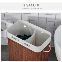 HOMCOM Cesto per Biancheria Bambù da 100L con 2 Scomparti, Coperchio e Maniglie, 52x32x63cm(m-6)